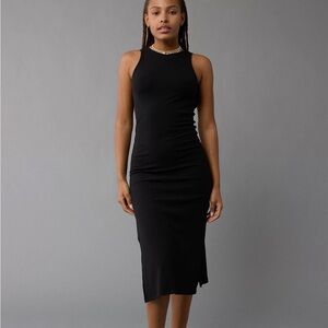 AE Open Back Midi Black Ribbed Dress